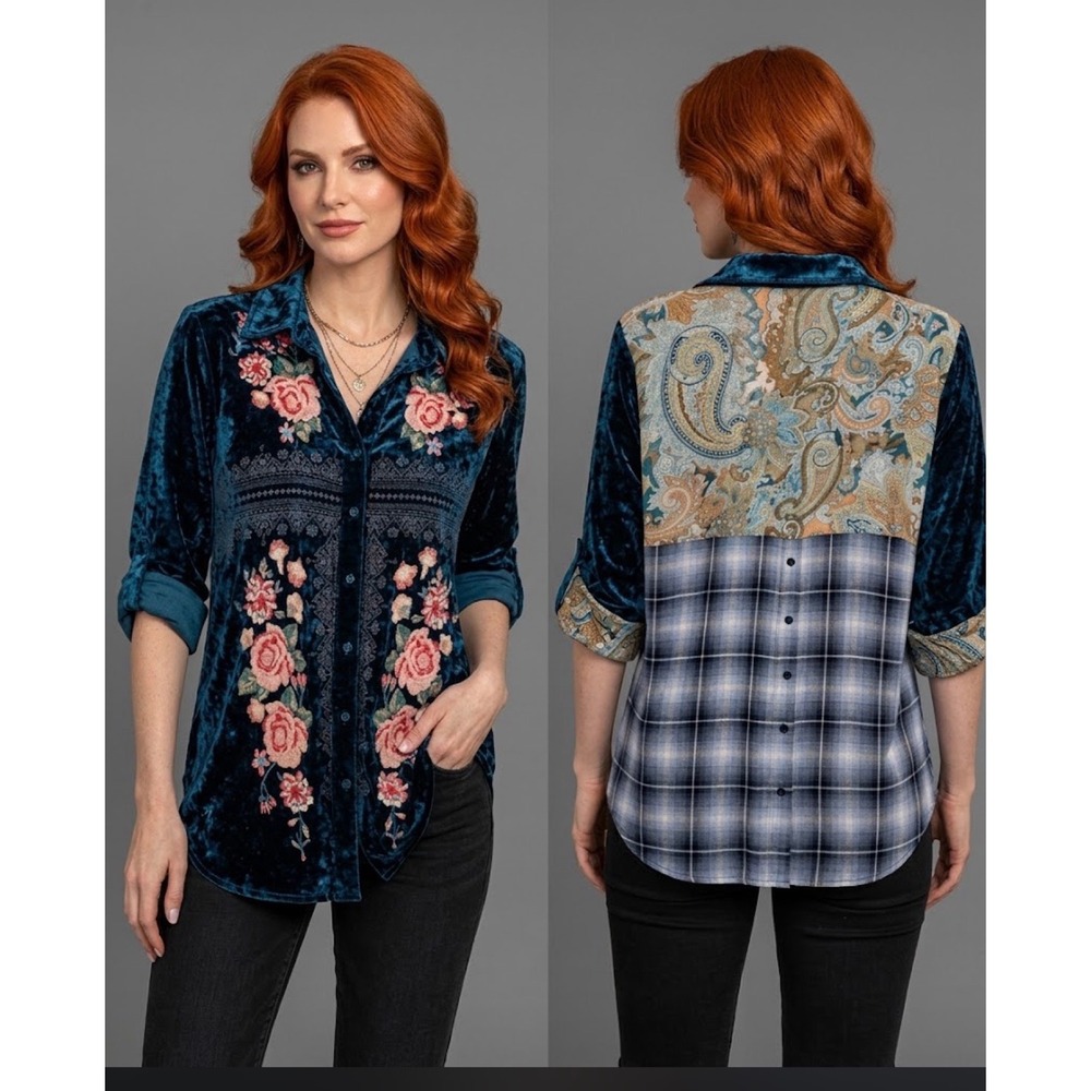 Andree by UNIT Velvet Mixed Media Top Womens M Teal Embroidered Plaid Boho